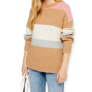 Topshop Colorblock Striped Sweater Camel Pink Gray Cream Pullover Knit Cozy XS
